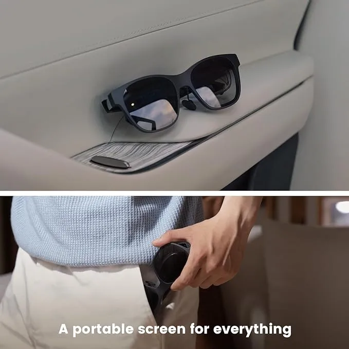 two images in one of AR glasses (look like sunglasses) sitting on a side car door and another of a man putting them in his pocket