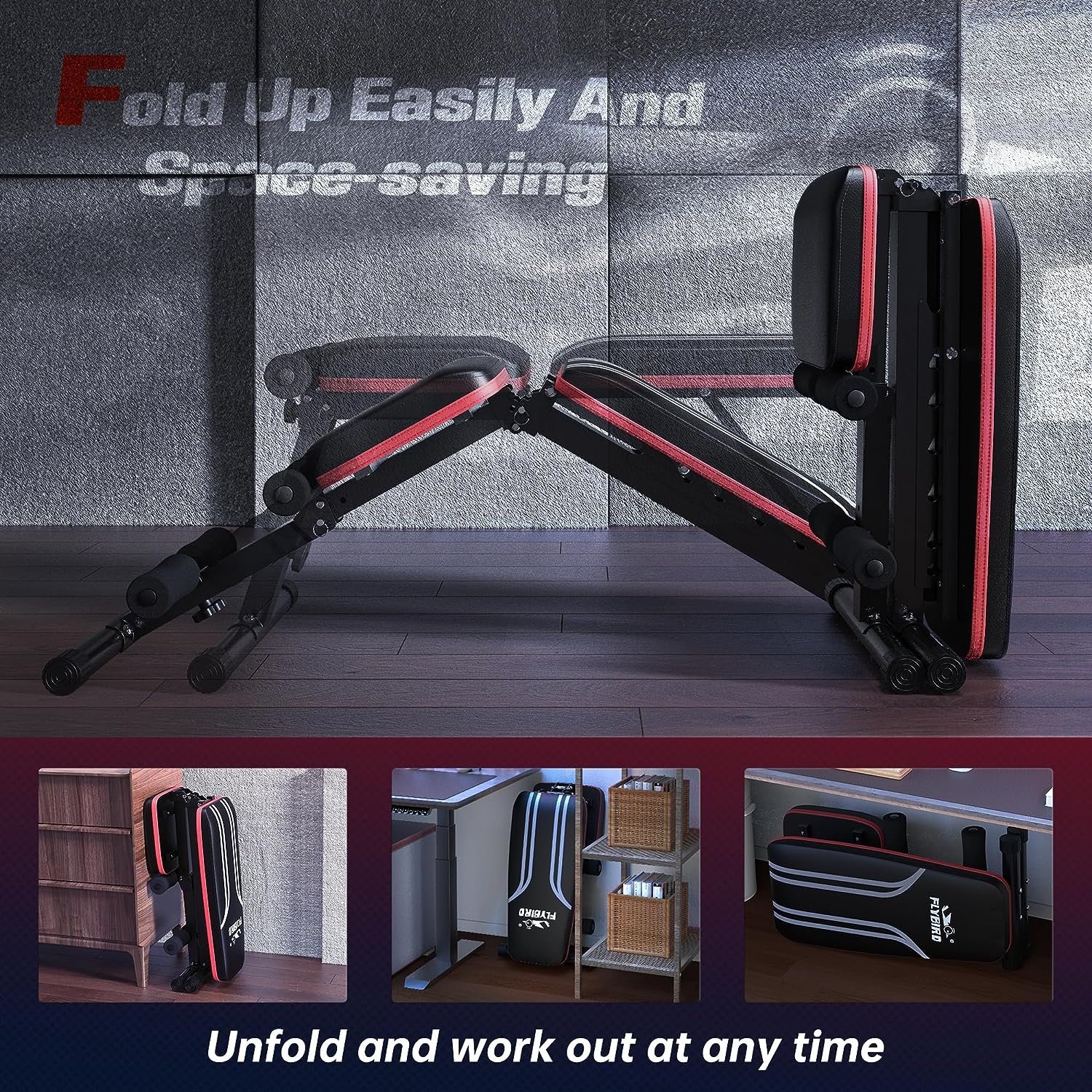 an image of a foldable gym bench and all the ways it can fold up