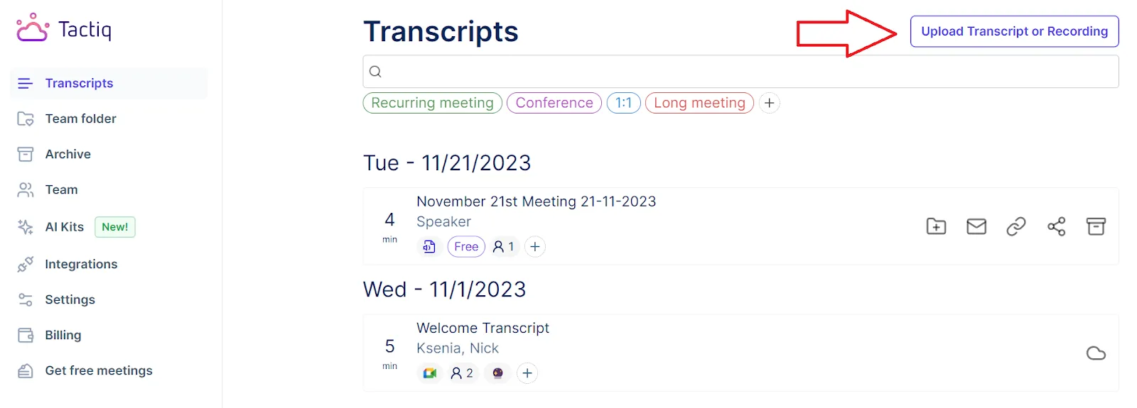 Upload Transcript or Recording within Tactiq