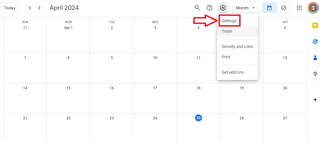 Google Calendar gear icon