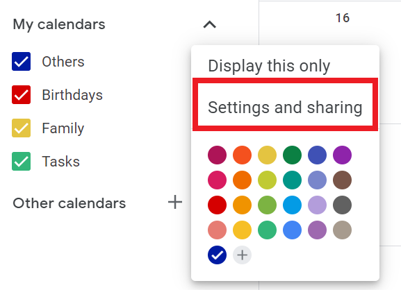 Google Calendar - Settings and sharing