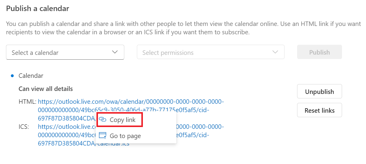 Copy Outlook Calendar Link