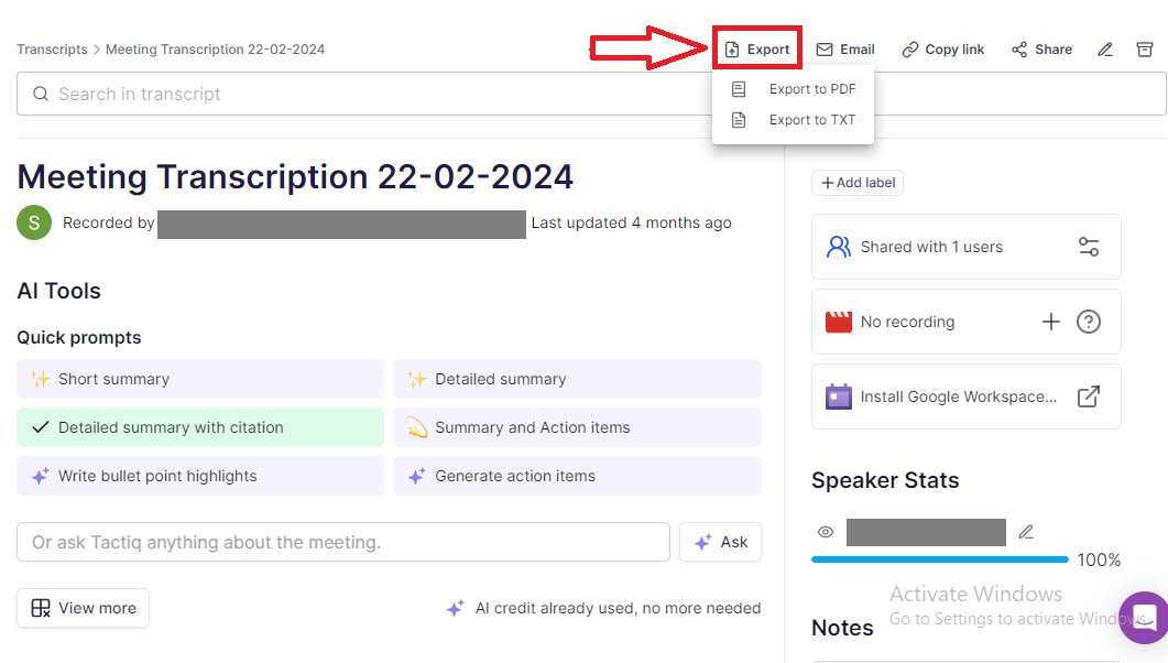 Export transcript on Tactiq