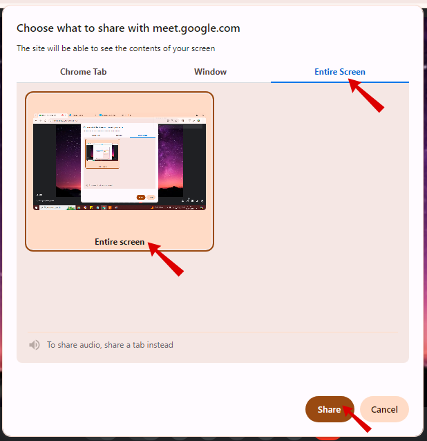 Share your entire screen with audio during Google Meet sessions