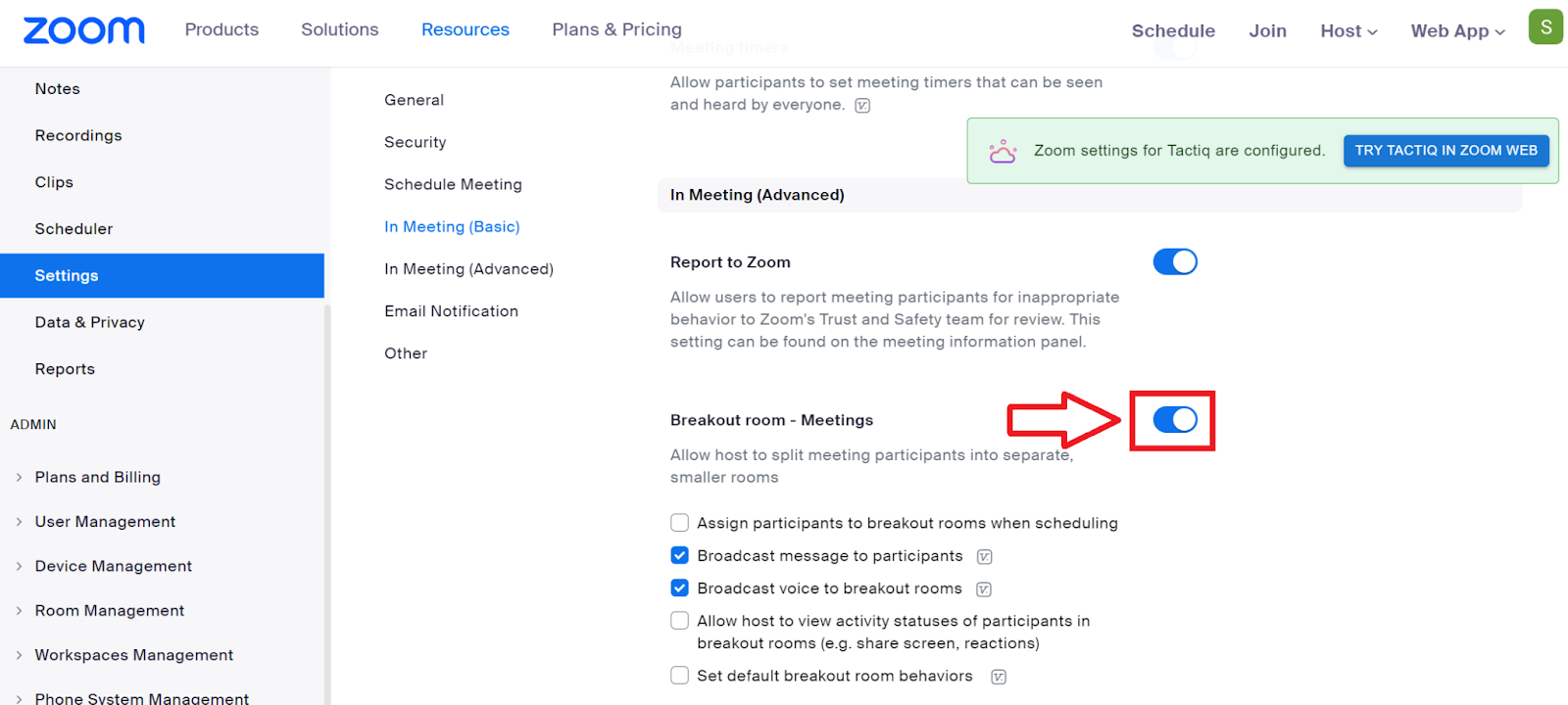 Enable Breakout Rooms in Zoom