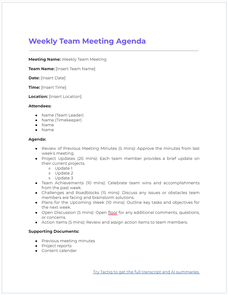 Staff Meeting Agenda Template Example