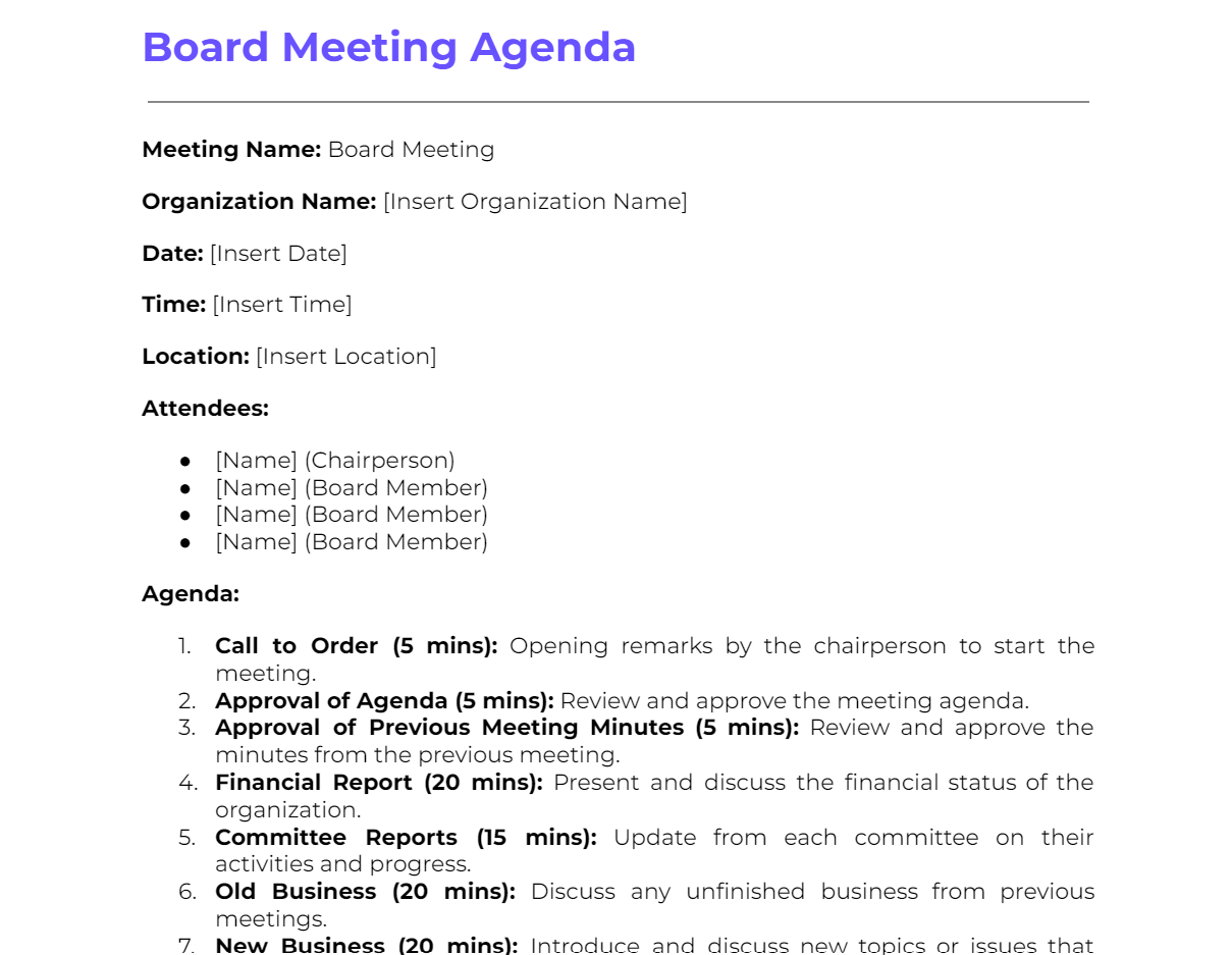 Board Meeting Agenda