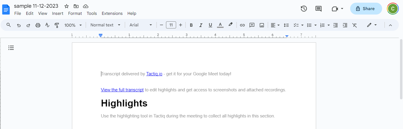 Tactiq VTT Transcript on Google Docs