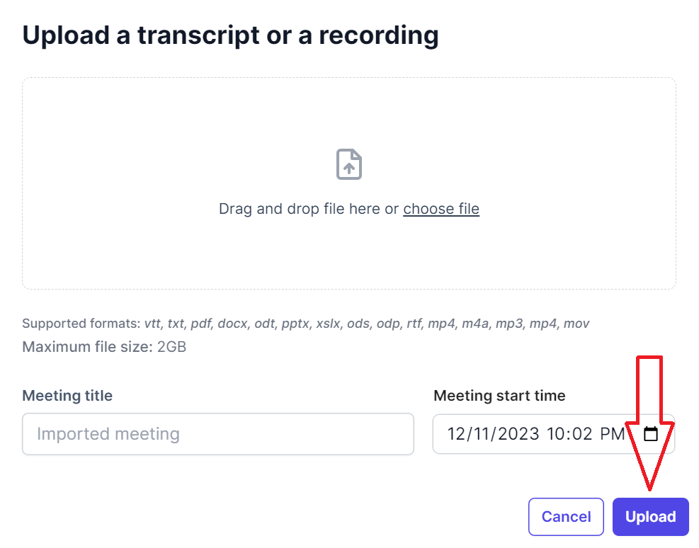 Upload Transcript or Recording Buton on Tactiq