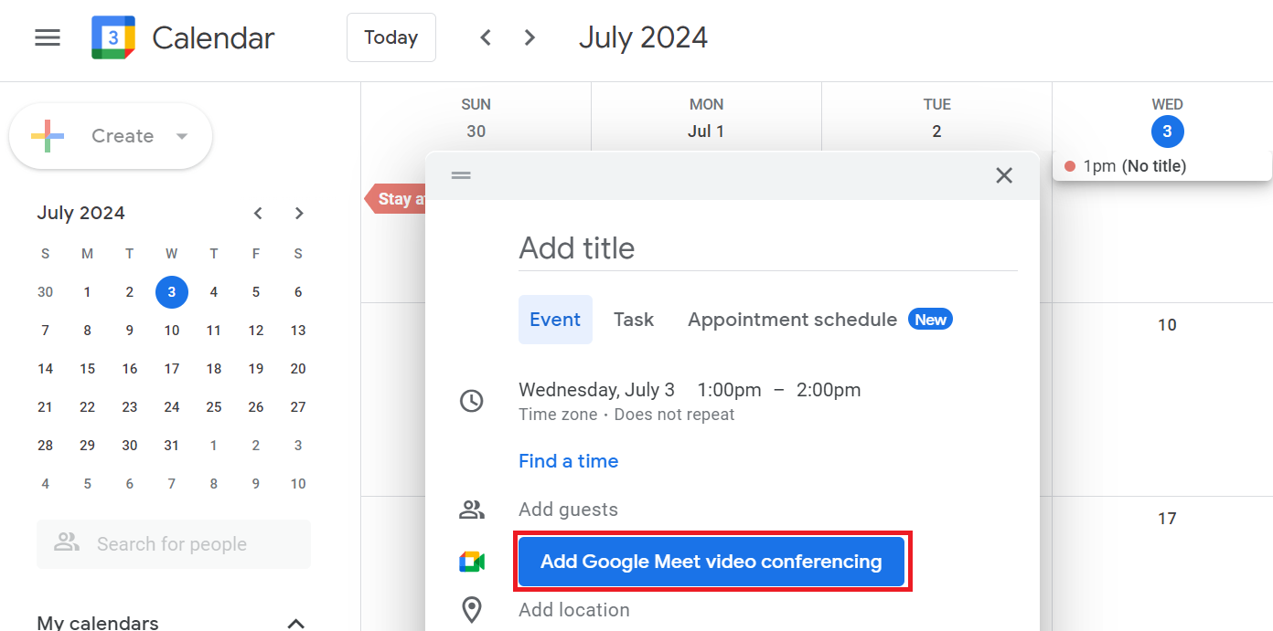 Add Google Meet video conferencing on Google Calendar