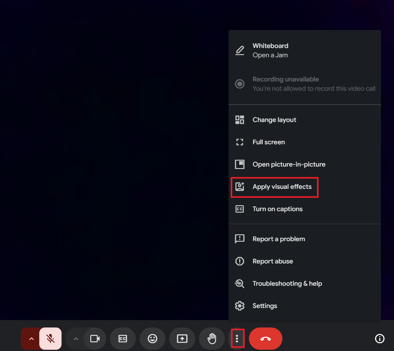 Apply Visual Effects Button on Google Meet