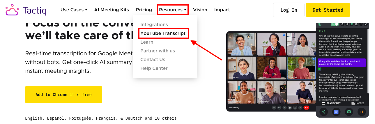 Tactiq's YouTube Transcript Tool
