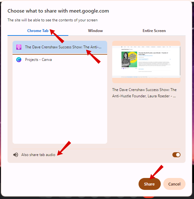 Enable the "Also share tab audio" option