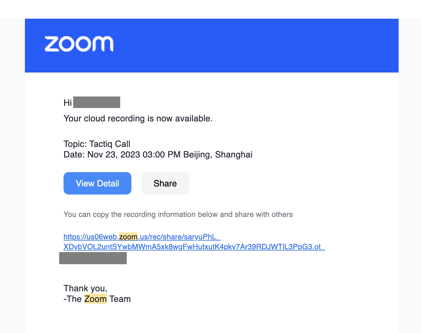 Zoom email with shareable link