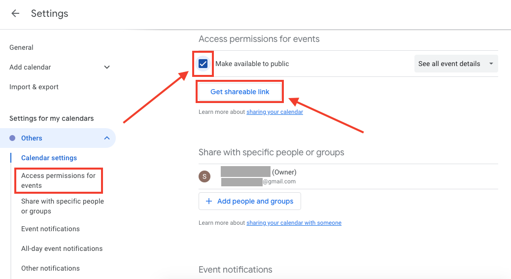 Get Google Calendar shareable link