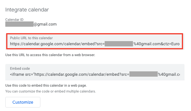 Copy your public calendar URL to your Notion