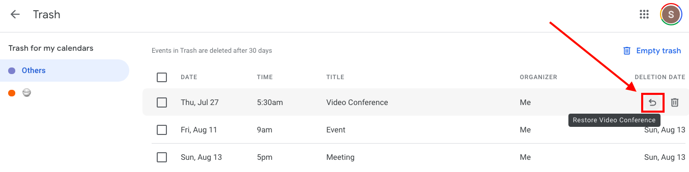 Restore Google Calendar event