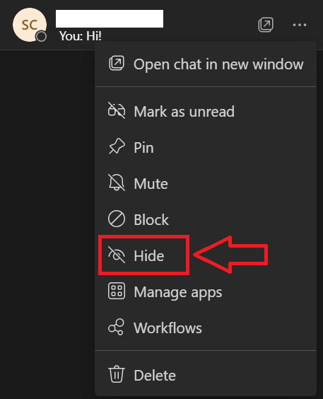 Hide Conversations on MS Teams