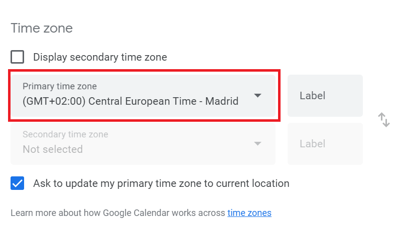 Changing the Primary Time Zone for Google Calendar