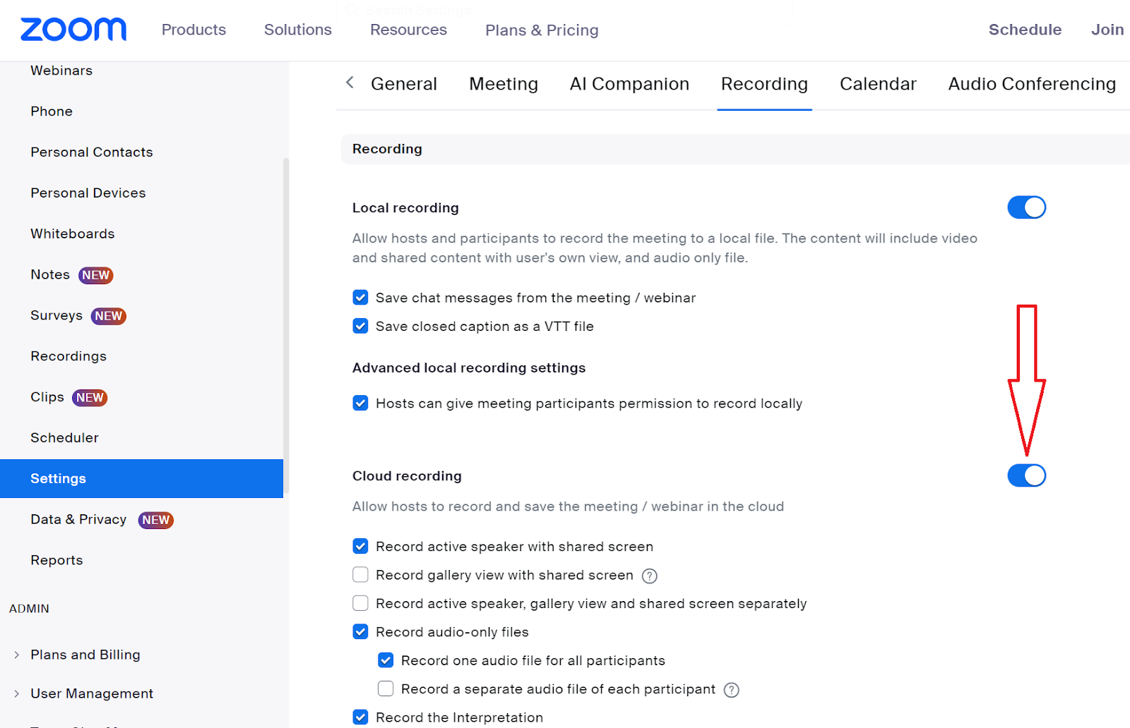 Enable Cloud Recording on Zoom