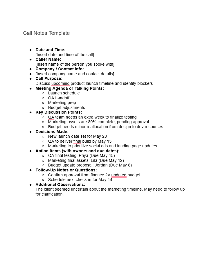 Call Notes Template