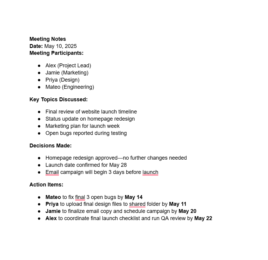 What to include in meeting notes