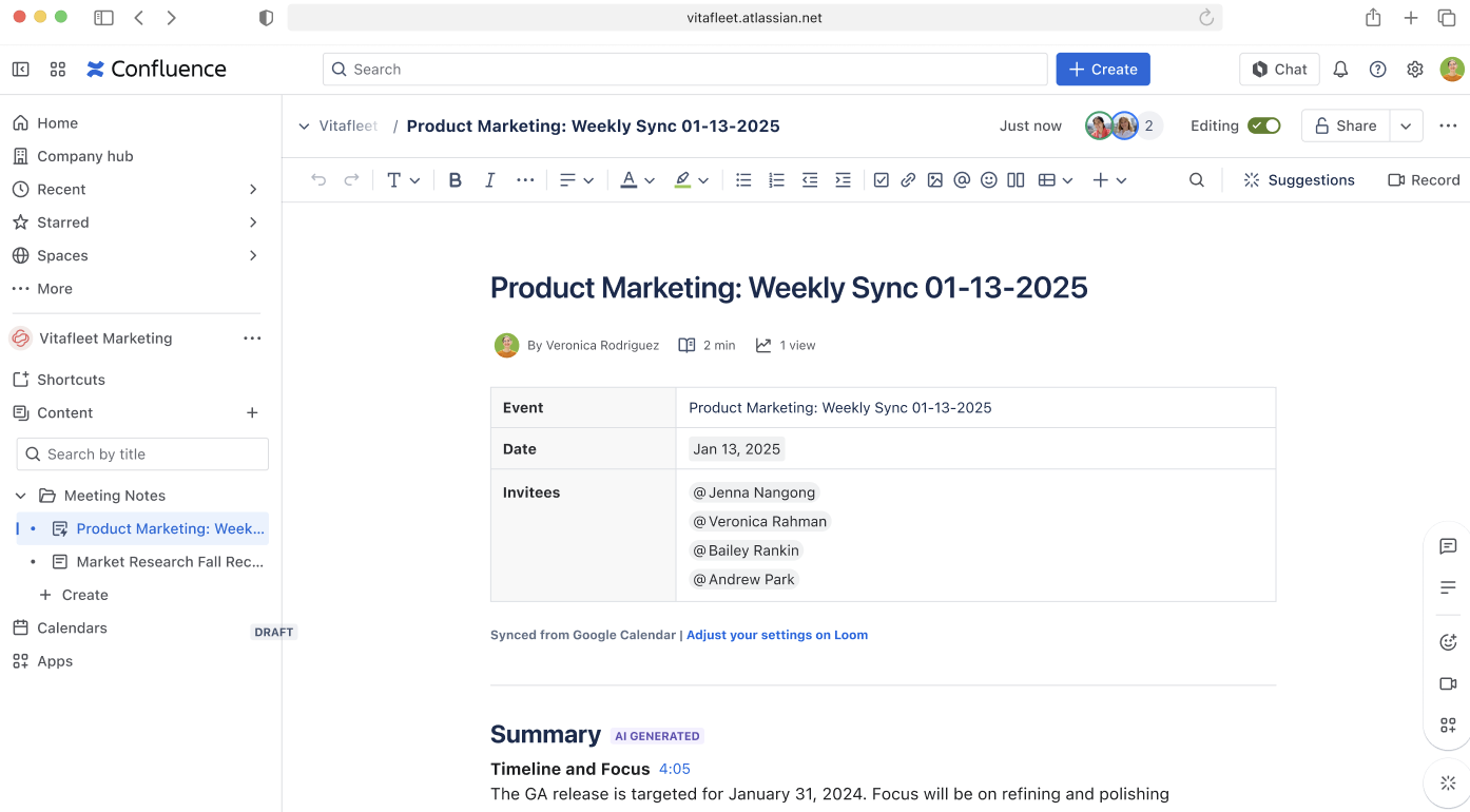 AI meeting notes in Confluence (beta)