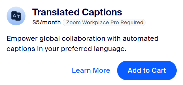 Zoom Translate Add-On Cost