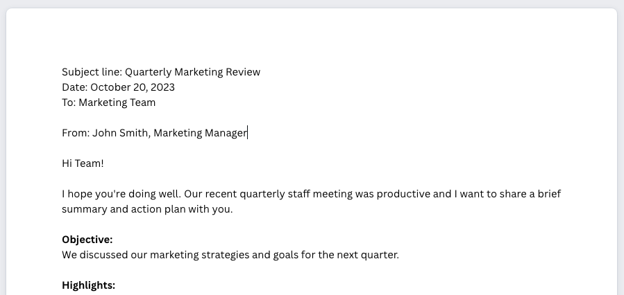 A sample memo generated by an AI memo writer