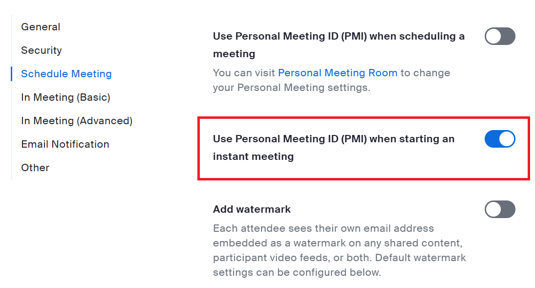 Use PMI when starting a personal meeting