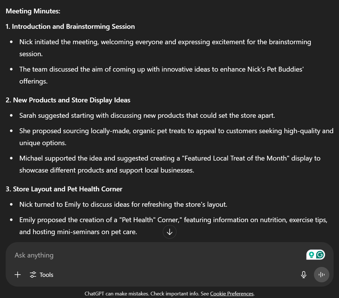 Sample of meeting minutes that ChatGPT generated for me