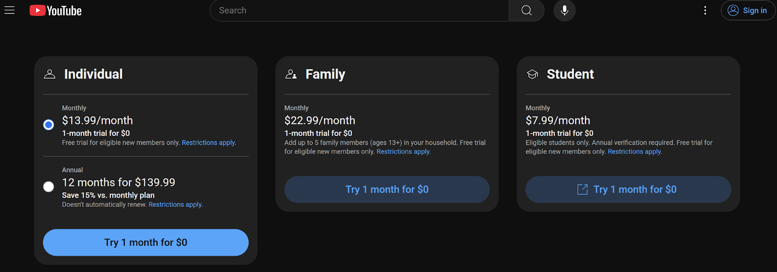 YouTube Premium Subscription Costs