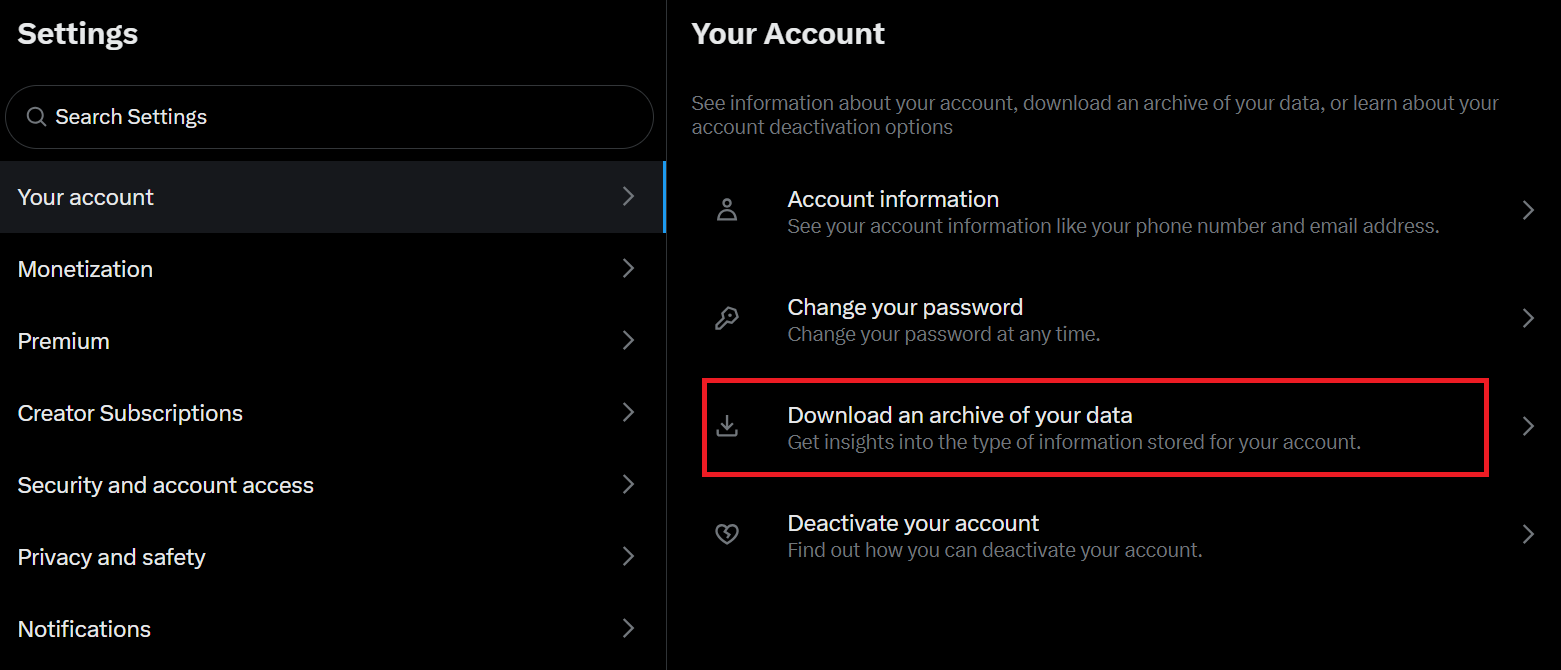 Download an archive of your data on X