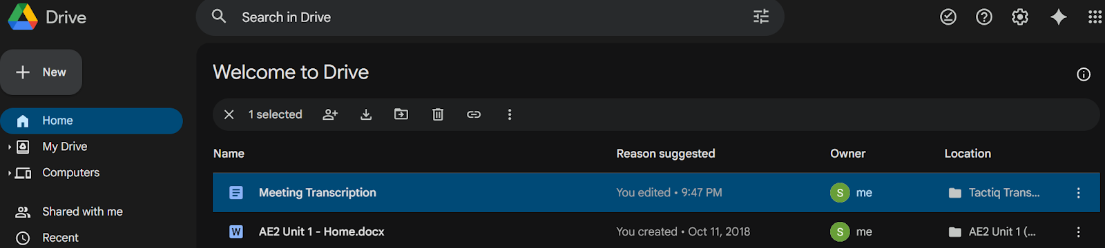 Saved Tactiq transcription on Google Drive