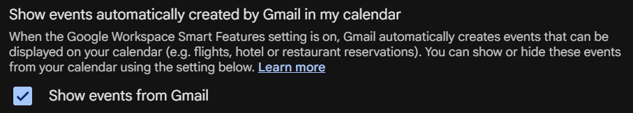 Enabling Show events from Gmail