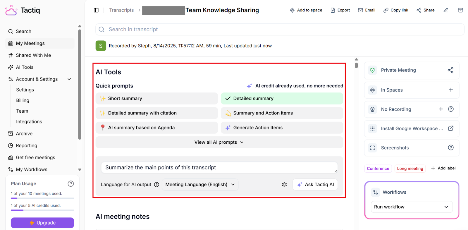 Use Tactiq for instant AI meeting notes
