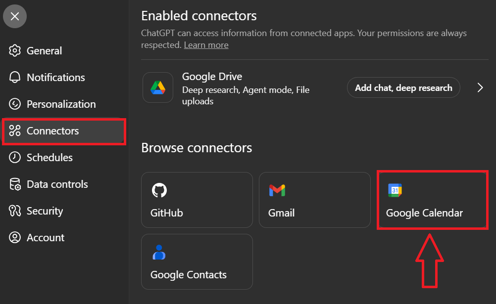Connecting Google Calendar under Connectors