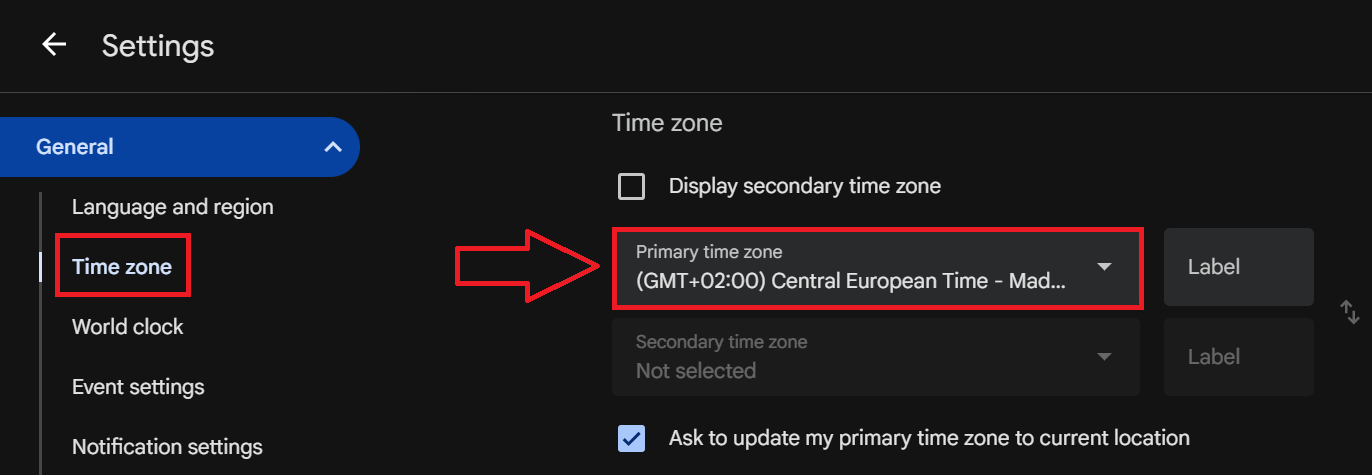 Changing the primary time zone for Google Calendar on your computer
