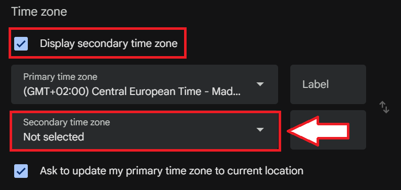 Display a secondary time zone on Google Calendar