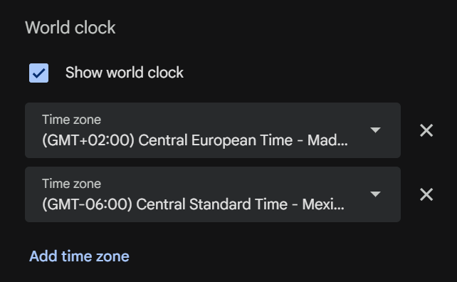 Show multiple time zones with the world clock on Google Calendar