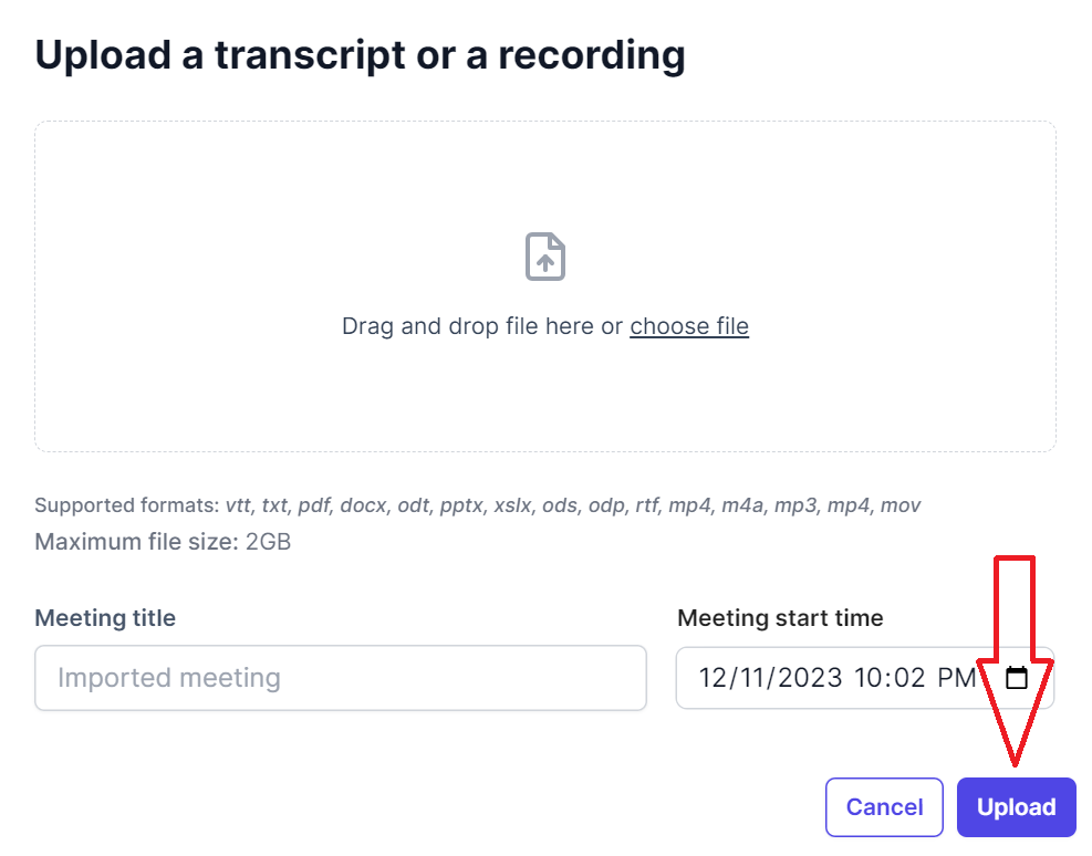 Upload transcript or recording button