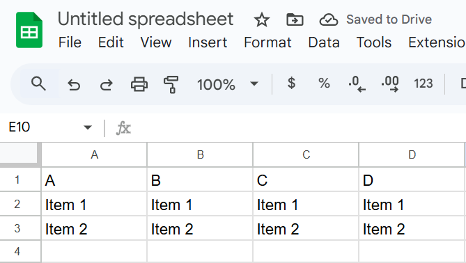Sample Google Sheet Table