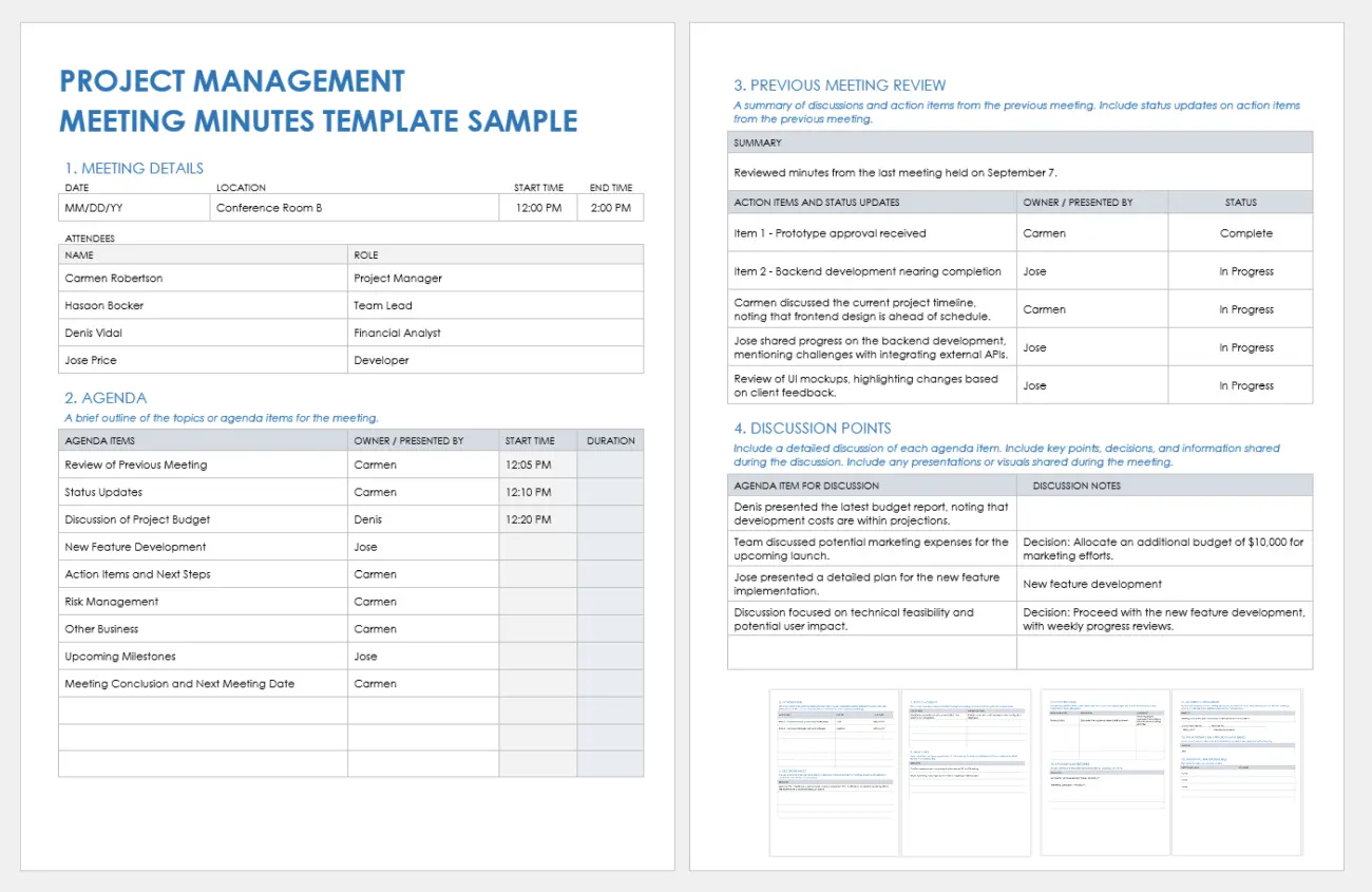 Project management meeting minutes template
