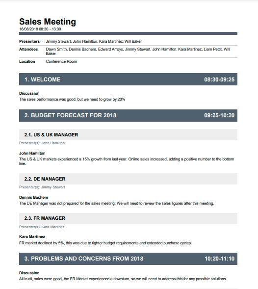 Sales meeting minutes template