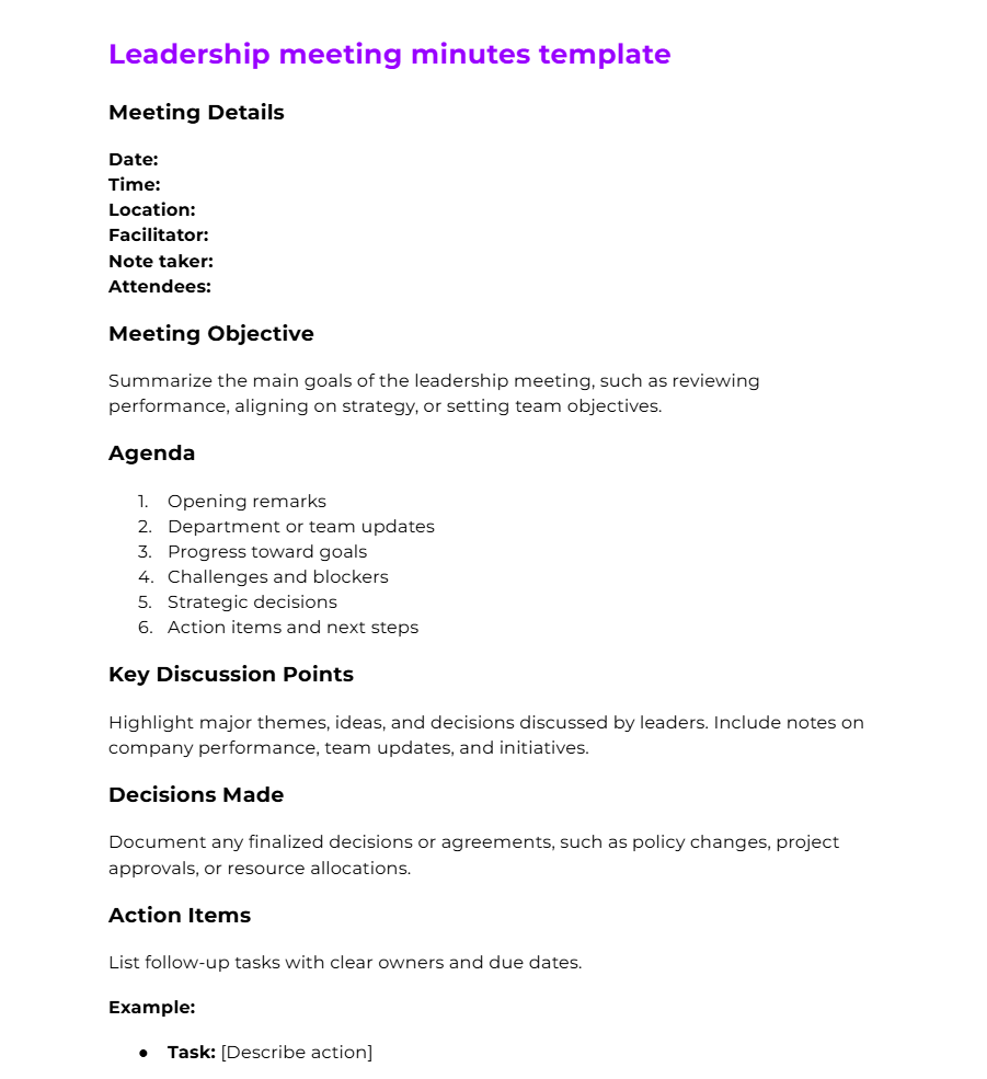 Leadership meeting minutes template