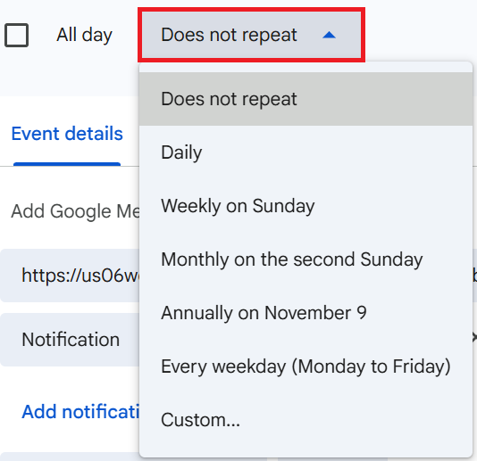 Select Zoom meeting recurrence pattern