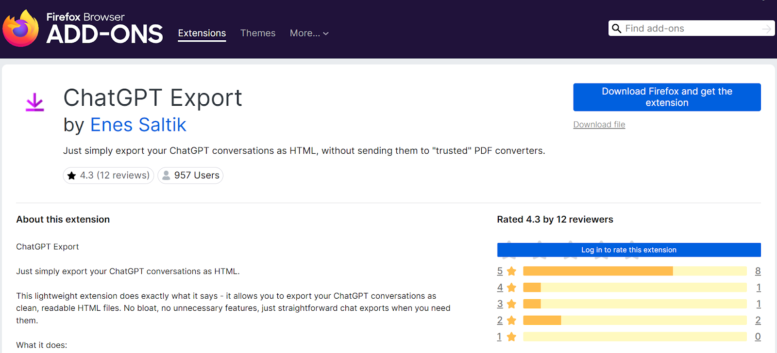 ChatGPT Export Firefox add-on