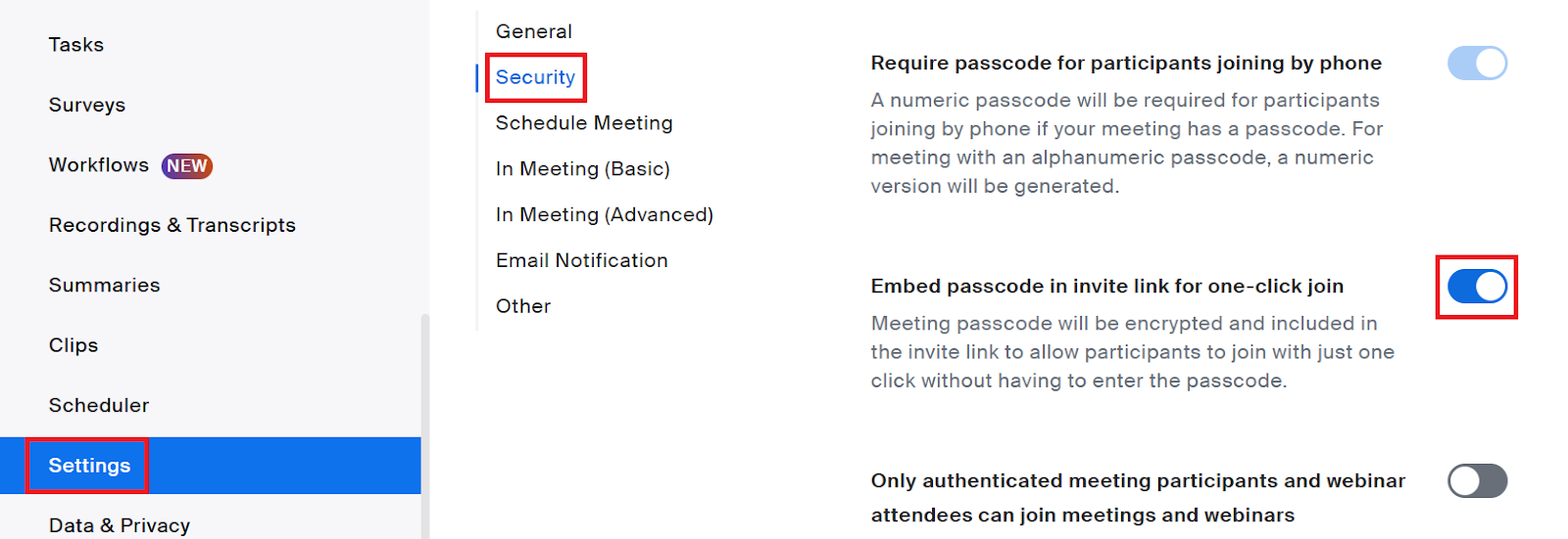 Enable Embed passcode in meeting link for one-click join