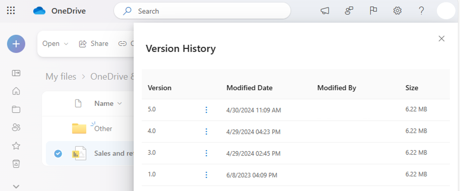 Version history OneDrive