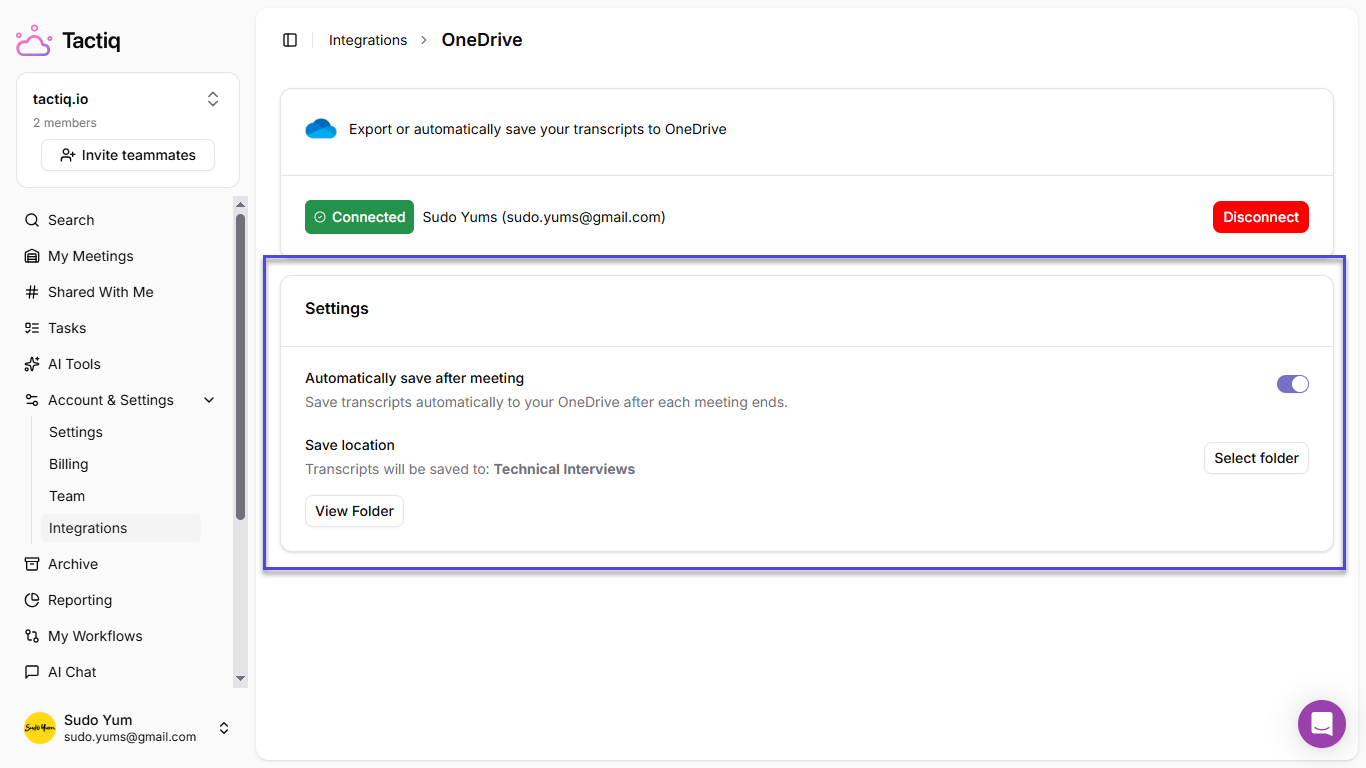 Automatically save transcripts to OneDrive